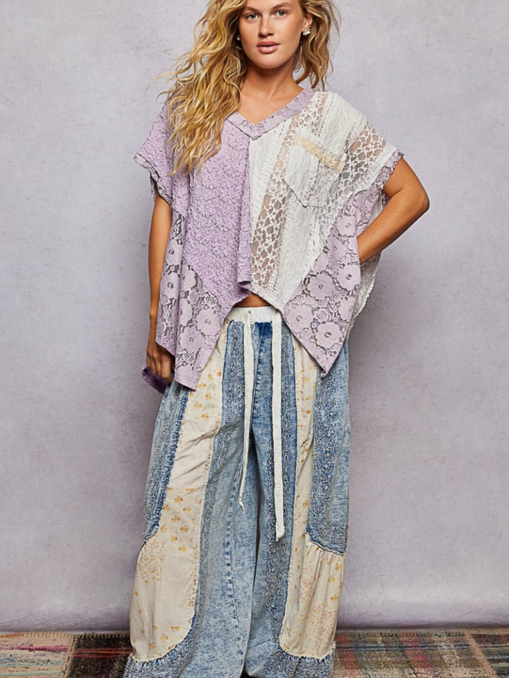 Pol Lavender V neck Floral Lace Semi Sheer Loose fit Top - Picture 5 of 5